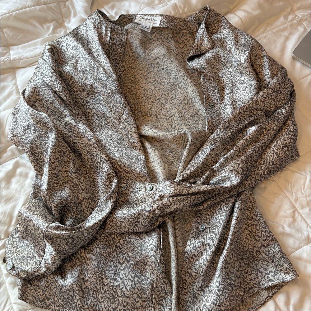 Dior Silver Button Down Blouse with Tie Front